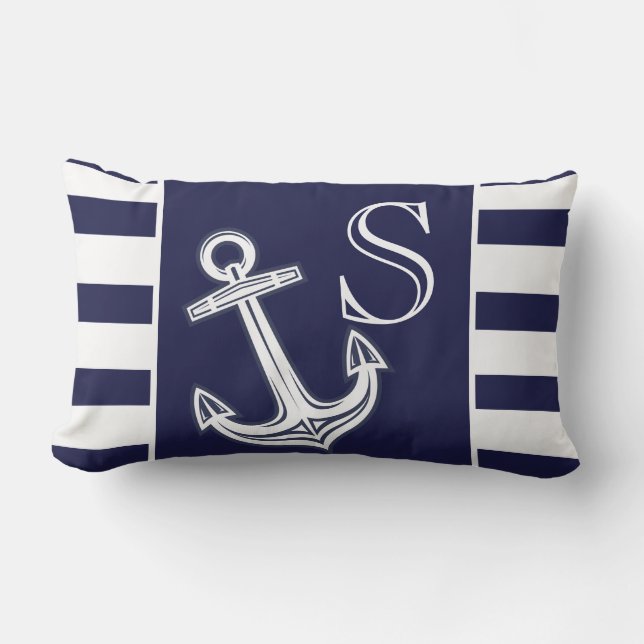 Monogram Nautical Anchor Navy Blue White Streifen Kissen Für Draußen (Vorderseite)