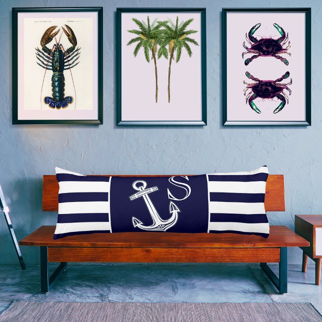 Monogram Nautical Anchor Navy Blue White Streifen Seitenschläferkissen (Von Creator hochgeladen)