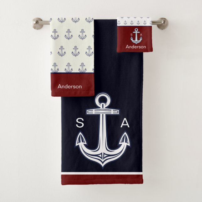 Monogram Nautical Anchor Navy White Maroon Coastal Badhandtuch Set (Insitu)
