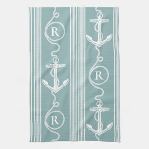 Monogram Nautical Anchor Rope Neutral Turquoise Geschirrtuch