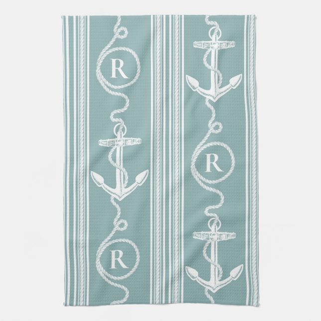 Monogram Nautical Anchor Rope Neutral Turquoise Geschirrtuch (Vertikal)