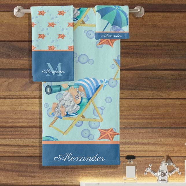 Monogram Nautical Beach Gnome Blue White Boy Badhandtuch Set (Von Creator hochgeladen)