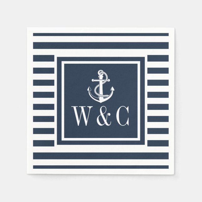 Monogram Nautical Boat Anchor Navy Blue Strip Serviette (Vorderseite)