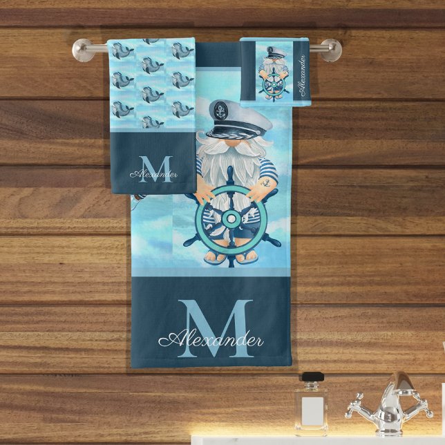 Monogram Nautical Captain Gnome Blue White Boy Badhandtuch Set (Von Creator hochgeladen)