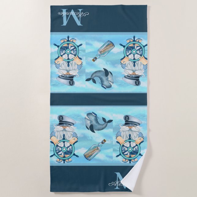 Monogram Nautical Captain in Whale Blue White Boy Strandtuch (Vorderseite)