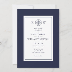 Monogram Nautical Compass Navy Blue Wedding Einladung