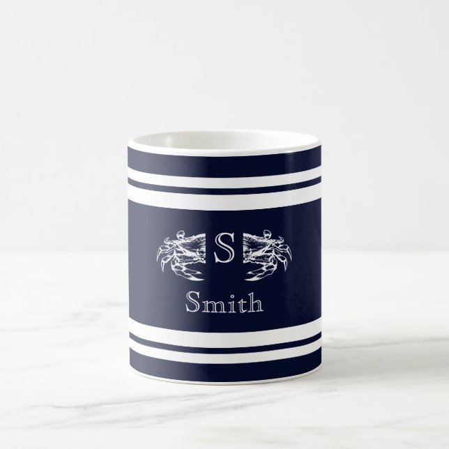 Monogram Nautical Elegane Blue White Crab Anchor C Kaffeetasse (Mittel)