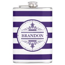 Monogram Nautical Elegant Navy Blue Striping Flask