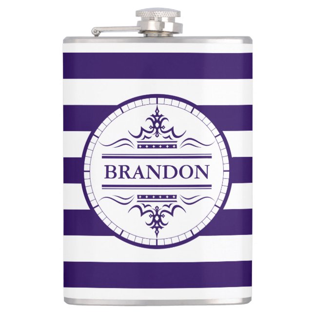 Monogram Nautical Elegant Navy Blue Striping Flask Flachmann (Vorderseite)