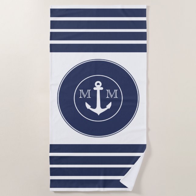 Monogram Nautical Modern Navy Blue White Stripes Strandtuch (Vorderseite)