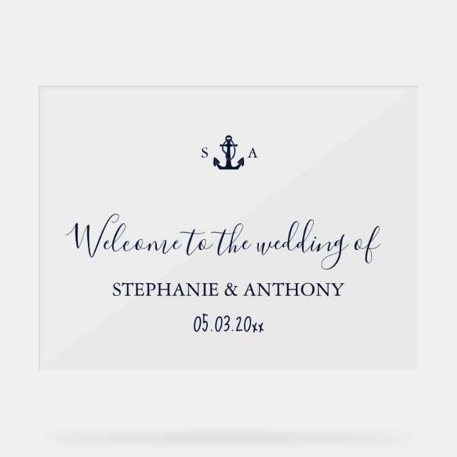 Monogram Nautical Navy Blue Anchor Wedding     Acrylschild (Vorderseite)