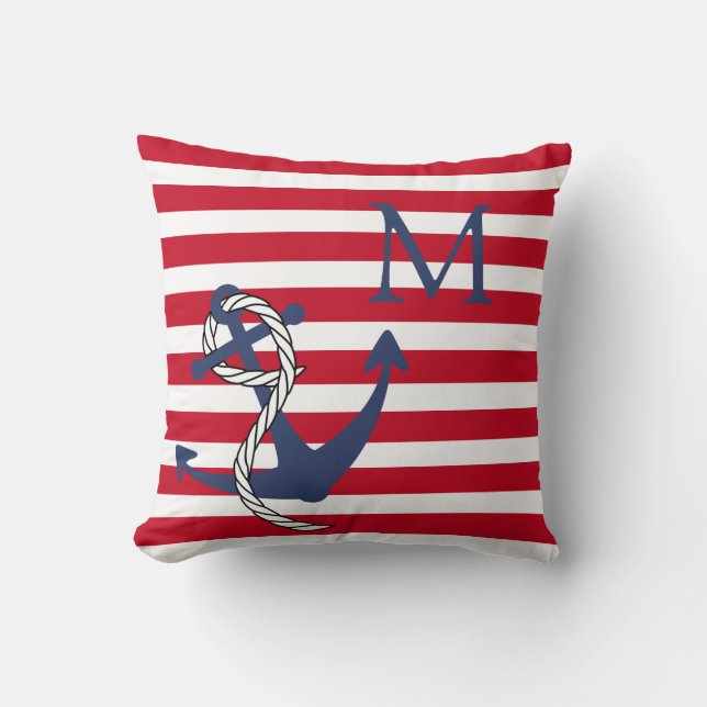 Monogram Nautical White Strip Navy Anchor Th Kissen (Vorderseite)