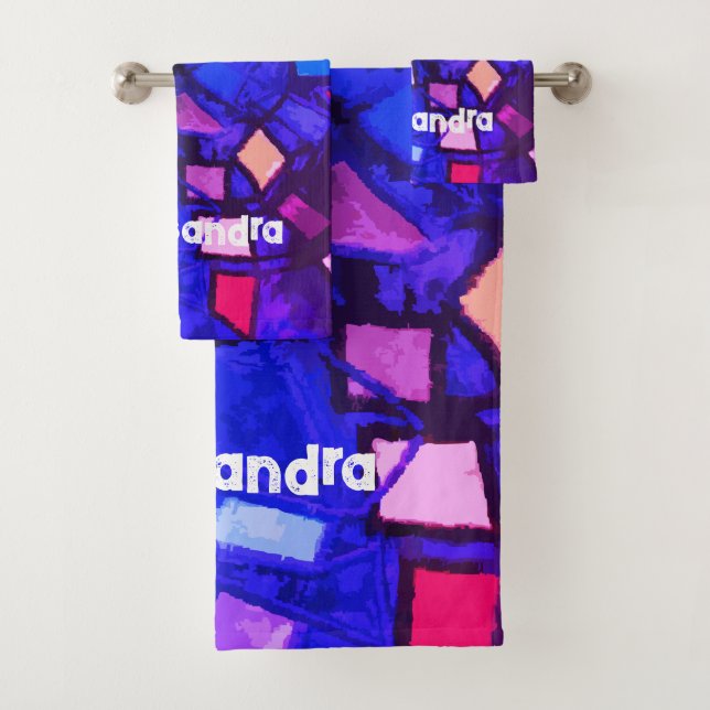 Monogram navy blau pink farbenfroh abstrakt badhandtuch set (Insitu)