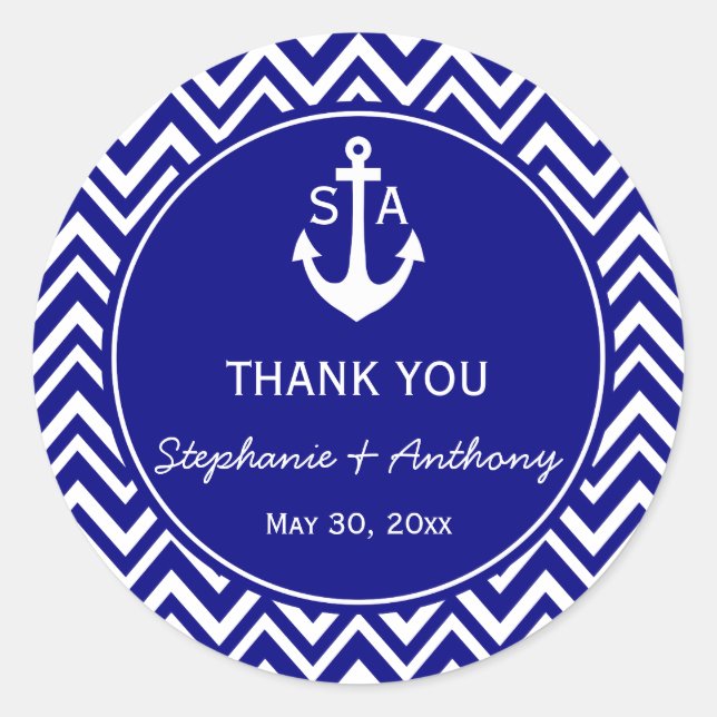 Monogram Navy Blue and White Nautical Wedding Runder Aufkleber (Vorderseite)