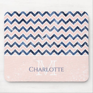Monogram Navy Blue Blush Pink Name Mousepad