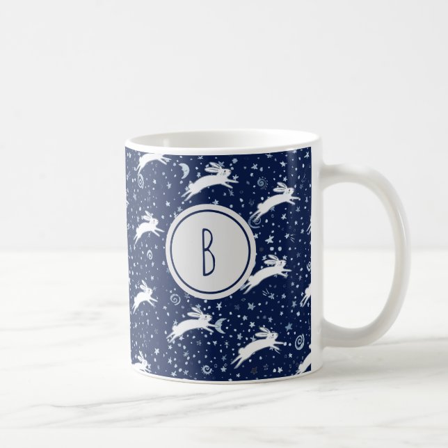 Monogram Navy Blue Celestial Bunny Rabbit Stars Kaffeetasse (Rechts)