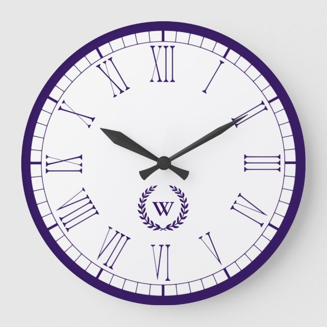 Monogram Navy Blue Classic Wall Clock Große Wanduhr (Vorderseite)