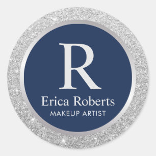 Monogram Navy Blue Elegant Silver Glitzer Runder Aufkleber