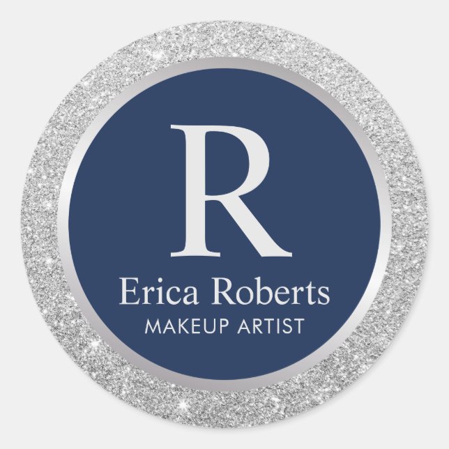 Monogram Navy Blue Elegant Silver Glitzer Runder Aufkleber (Vorderseite)