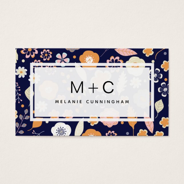 Monogram Navy Blue Flowers Business Cards (Vorderseite)
