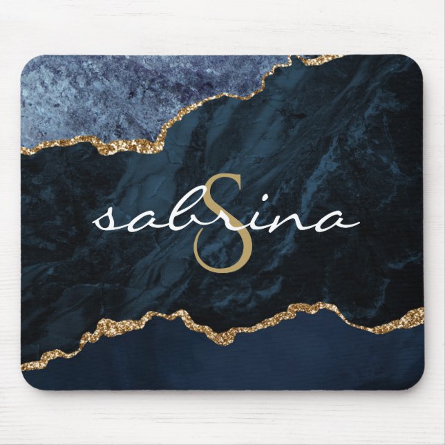 Monogram Navy Blue Gold Agate Geode Mousepad (Vorne)
