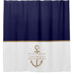 Monogram Navy Blue Gold Anker der Nautic Family Duschvorhang