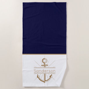 Monogram Navy Blue Gold Anker der Nautic Family Strandtuch