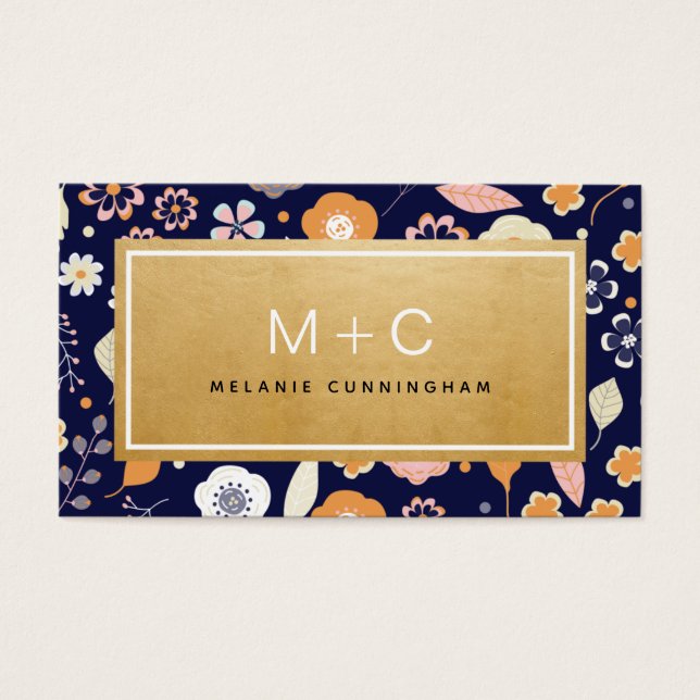 Monogram Navy Blue Gold Blume Business Cards (Vorderseite)