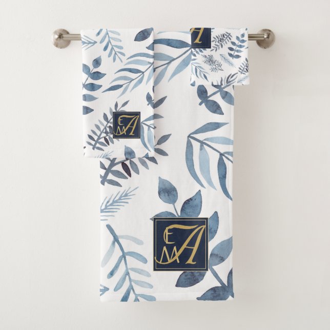 Monogram Navy Blue Gold Botanical Blätter Ferns Badhandtuch Set (Insitu)