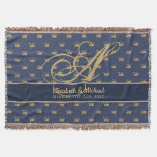 Monogram Navy Blue Gold Crown King Queen NEWLYWEDS Decke