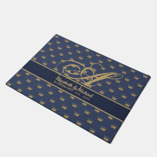 Monogram Navy Blue Gold Crown King Queen NEWLYWEDS Fußmatte