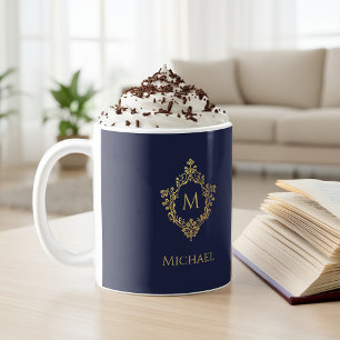 Monogram Navy Blue Gold Elegant Vintager Wappen Na Kaffeetasse