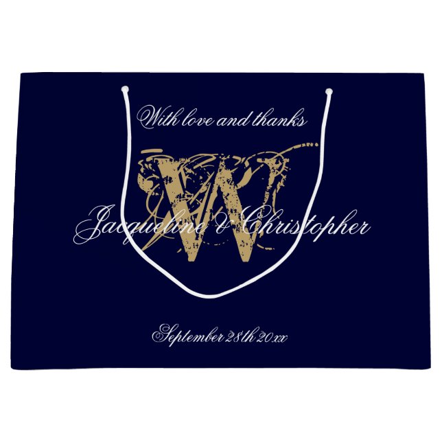 Monogram Navy Blue & Gold Elegante Hochzeit Große Geschenktüte (Vorderseite)