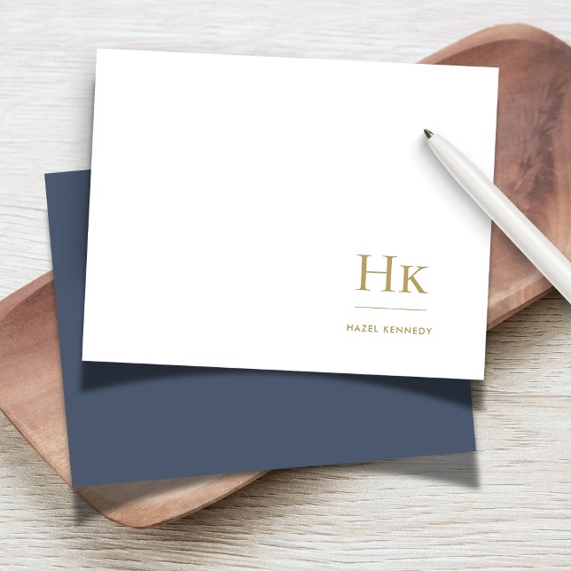 Monogram Navy Blue Gold Elegante Social Notecard Mitteilungskarte (Von Creator hochgeladen)