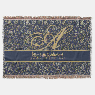 Monogram Navy Blue Gold Leaf Newlyweds Wedding Decke