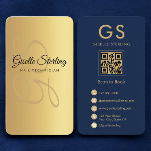 Monogram Navy Blue Gold QR Code für Nageltechniker Visitenkarte