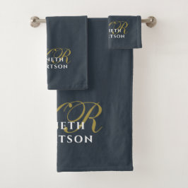 Monogram Navy Blue Gold White Minimalist Chic Men  Badhandtuch Set
