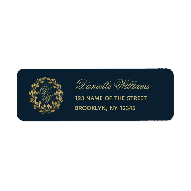 Monogram Navy Blue Gold Wreath Elegante Calligraph (Vorne)