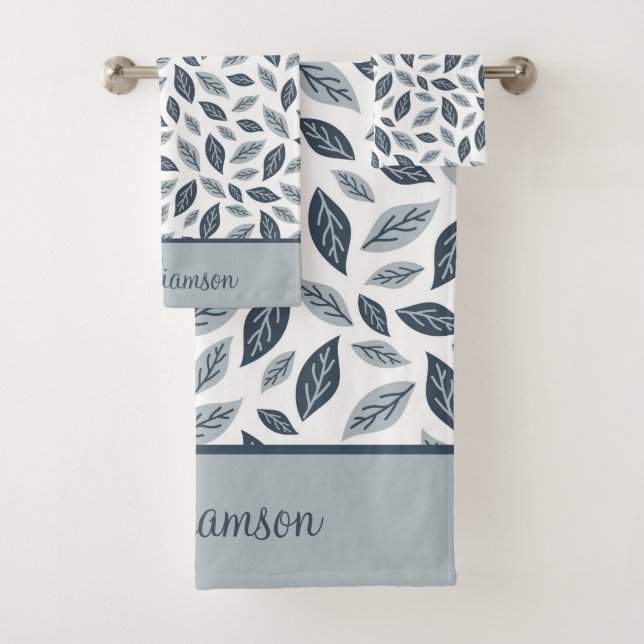 Monogram Navy Blue Gray Blätter Botanisches Gesche Badhandtuch Set (Insitu)