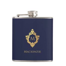 Monogram Navy Blue Imitate Gold Elegantes Vintages Flachmann