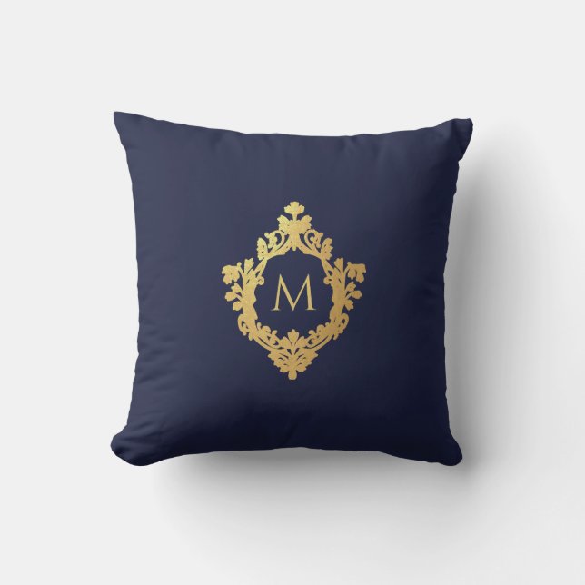 Monogram Navy Blue Imitate Gold Elegantes Vintages Kissen (Vorderseite)