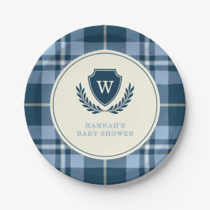 Monogram Navy Blue Kariert Baby Boy Dusche Pappteller