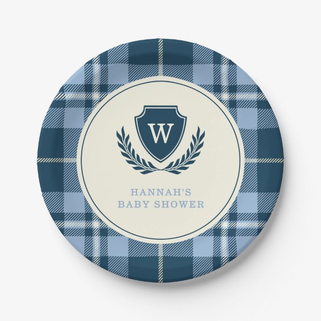 Monogram Navy Blue Kariert Baby Boy Dusche Pappteller (Vorderseite)