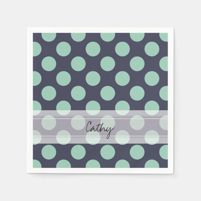 Monogram Navy Blue Minze Green Polka Dot Muster Serviette (Vorderseite)