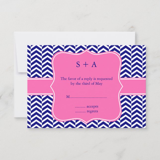 Monogram Navy Blue mit Hot Pink Zickzack UAWG RSVP Karte (Vorderseite)