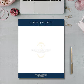 Monogram Navy Blue Moderne Elegante Business Briefbogen