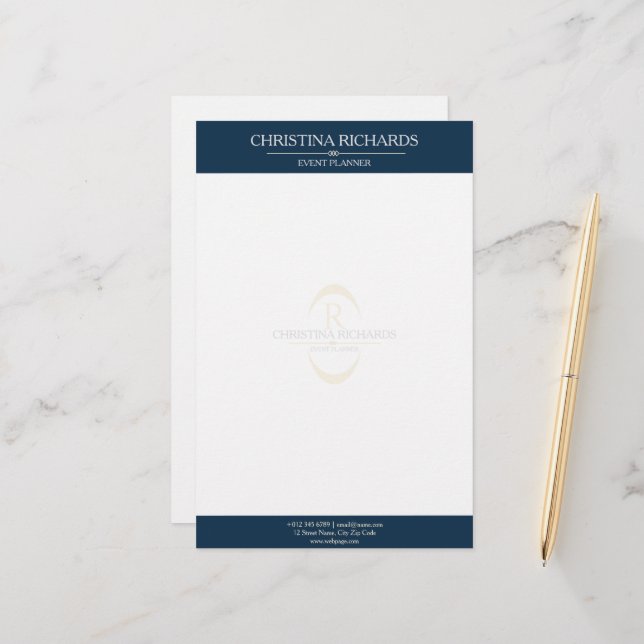Monogram Navy Blue Moderne Elegante Business Briefpapier (Vorderseite/Rückseite Beispiel)