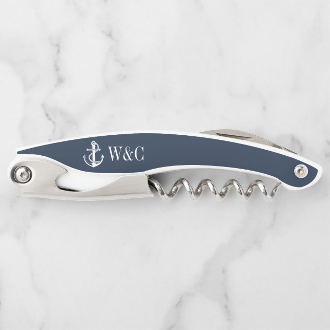 Monogram Navy Blue Nautic Boat Anchor Kellnermesser (Vorderseite)