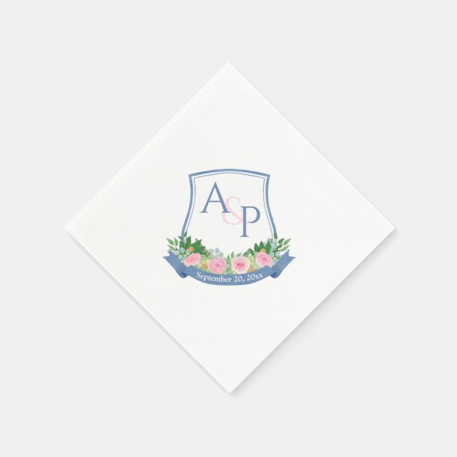 Monogram Navy Blue Pink Roses Wedding Wappen Serviette (Ecke)