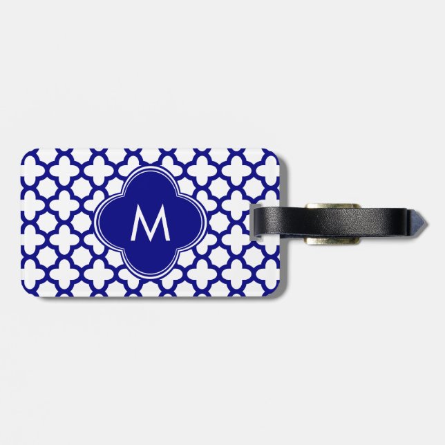 Monogram Navy Blue Quatrefoil Muster Gepäckanhänger (Rückseite horizontal)